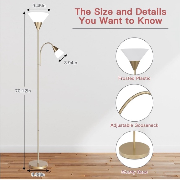 GoldFloor Lamp 🛋️StandingLamp6W LED💡Torchlight w 5W AdjustableReading📖Lamp🛋️ - Picture 6 of 9